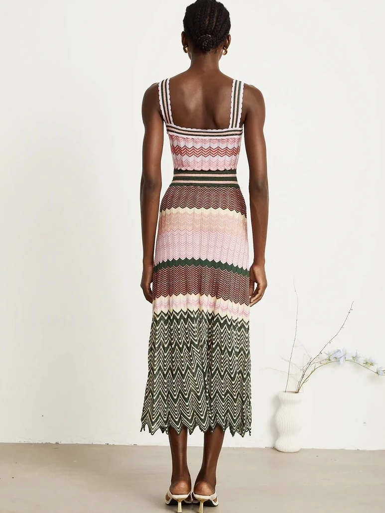 Luxury Brand Design Knitted Zigzag High Elasticity Color Sleeveless Long Maxi Dress Women Arab Africa Popular Boho Lady Skirt