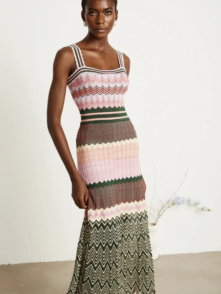 Luxury Brand Design Knitted Zigzag High Elasticity Color Sleeveless Long Maxi Dress Women Arab Africa Popular Boho Lady Skirt