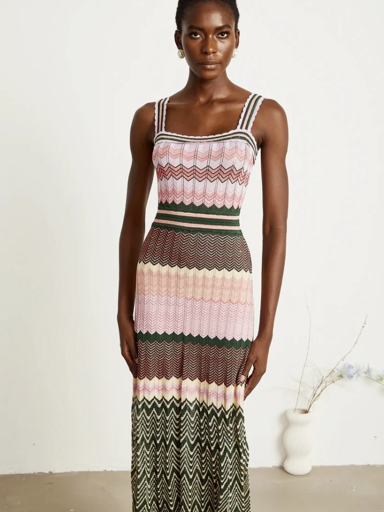 Luxury Brand Design Knitted Zigzag High Elasticity Color Sleeveless Long Maxi Dress Women Arab Africa Popular Boho Lady Skirt