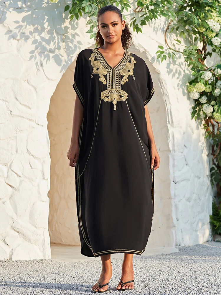 2024 Vintage Embroidery Kaftan Sexy V-neck Batwing Sleeve High Waist Maxi Dress Tunic Women Clothing Summer Beach Dresses Q660