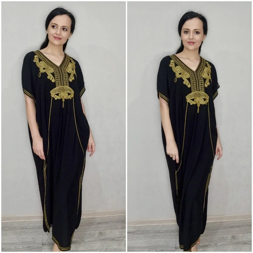 2024 Vintage Embroidery Kaftan Sexy V-neck Batwing Sleeve High Waist Maxi Dress Tunic Women Clothing Summer Beach Dresses Q660