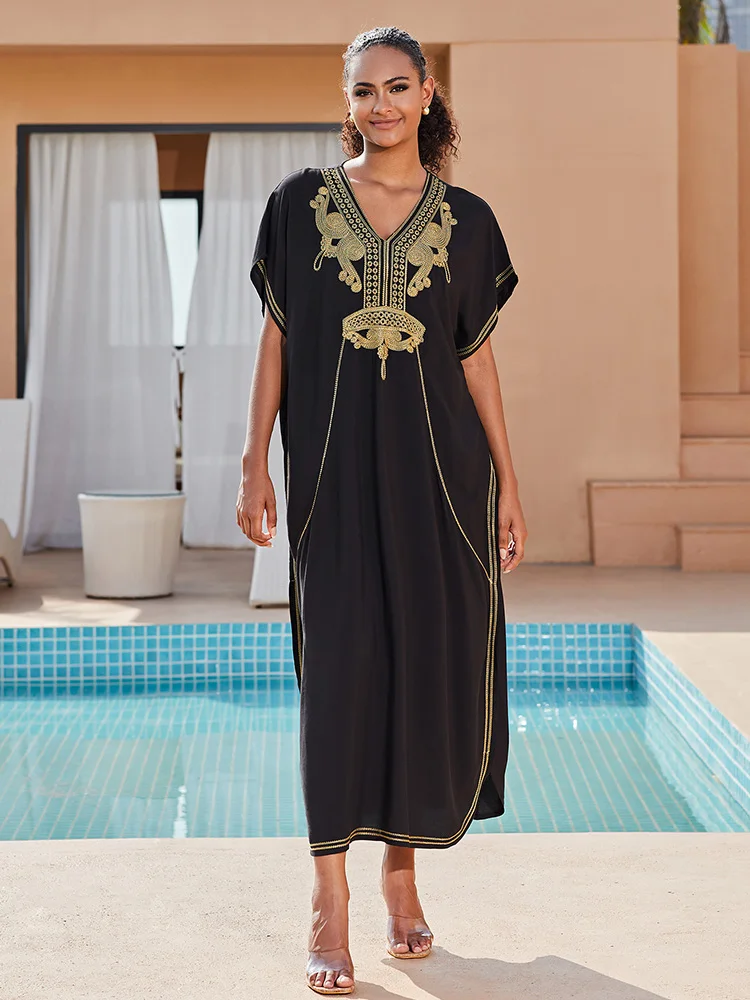 2024 Vintage Embroidery Kaftan Sexy V-neck Batwing Sleeve High Waist Maxi Dress Tunic Women Clothing Summer Beach Dresses Q660