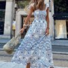 Blue Floral Embroidey Summer Beach Dress Women Casual Holiday Bohemian Dress Boho Sundress Maxi Long Vestidos Fashion Clothes