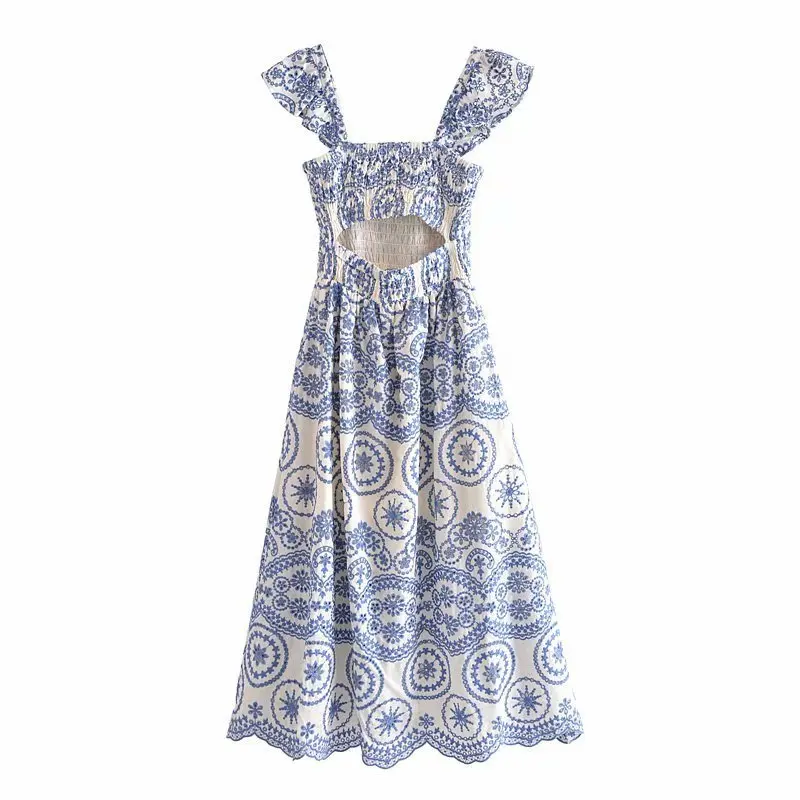 Blue Floral Embroidey Summer Beach Dress Women Casual Holiday Bohemian Dress Boho Sundress Maxi Long Vestidos Fashion Clothes