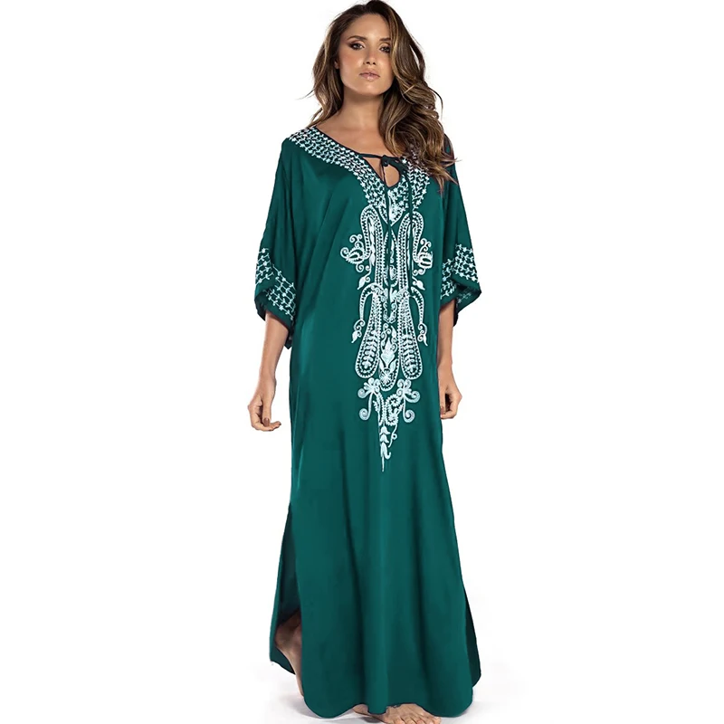 2025 Indie Folk Lace Up V-Neck Batwing Sleeve Summer Beach Dress  Tunic Women Beachwear kaftan Maxi Dress Robe Sarong Q775