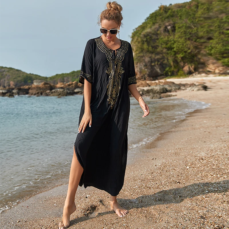 2025 Indie Folk Lace Up V-Neck Batwing Sleeve Summer Beach Dress  Tunic Women Beachwear kaftan Maxi Dress Robe Sarong Q775