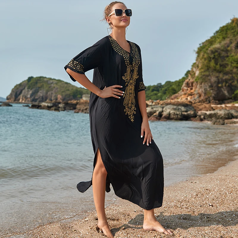 2025 Indie Folk Lace Up V-Neck Batwing Sleeve Summer Beach Dress  Tunic Women Beachwear kaftan Maxi Dress Robe Sarong Q775