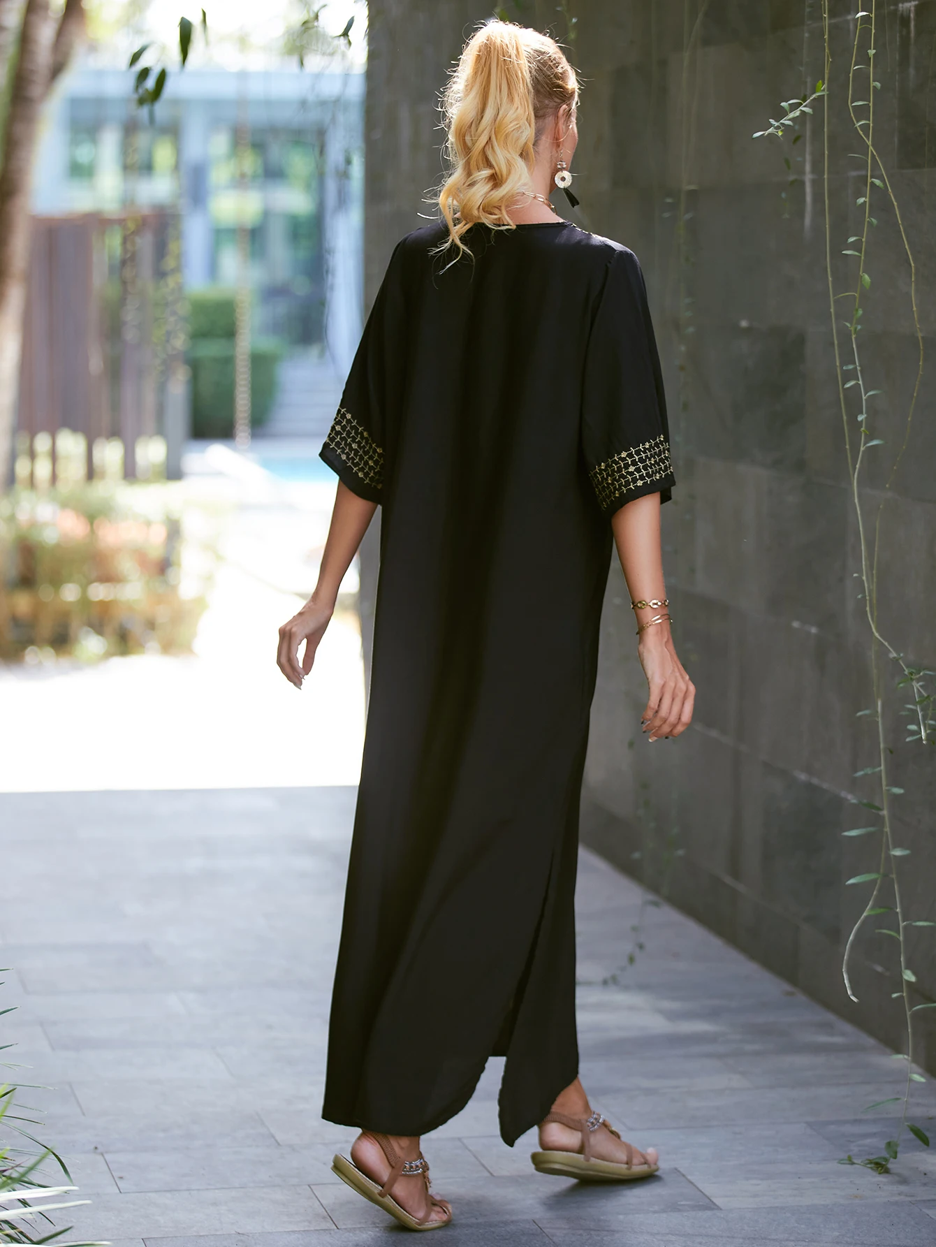 2025 Indie Folk Lace Up V-Neck Batwing Sleeve Summer Beach Dress  Tunic Women Beachwear kaftan Maxi Dress Robe Sarong Q775