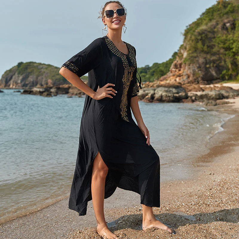 2025 Indie Folk Lace Up V-Neck Batwing Sleeve Summer Beach Dress  Tunic Women Beachwear kaftan Maxi Dress Robe Sarong Q775