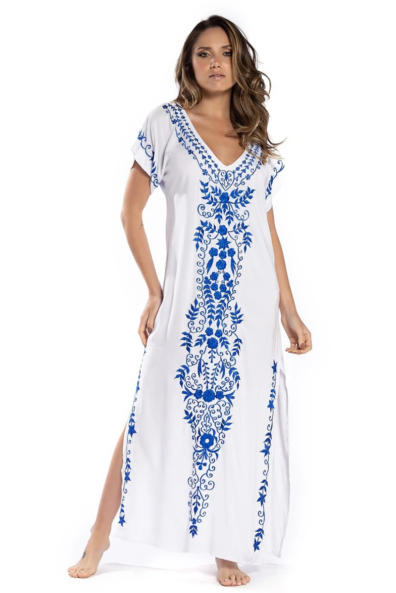 2025 Indie Folk Lace Up V-Neck Batwing Sleeve Summer Beach Dress  Tunic Women Beachwear kaftan Maxi Dress Robe Sarong Q775