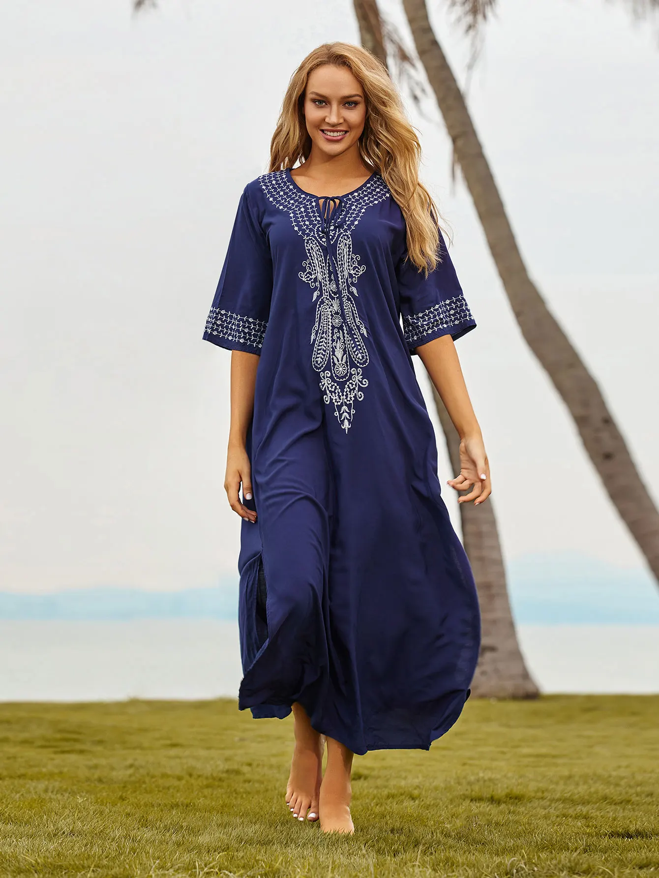 2025 Indie Folk Lace Up V-Neck Batwing Sleeve Summer Beach Dress  Tunic Women Beachwear kaftan Maxi Dress Robe Sarong Q775