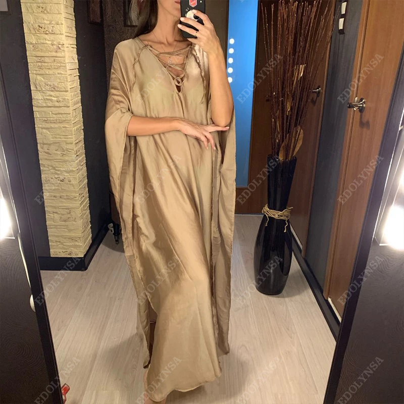 2025 Indie Folk Lace Up V-Neck Batwing Sleeve Summer Beach Dress  Tunic Women Beachwear kaftan Maxi Dress Robe Sarong Q775