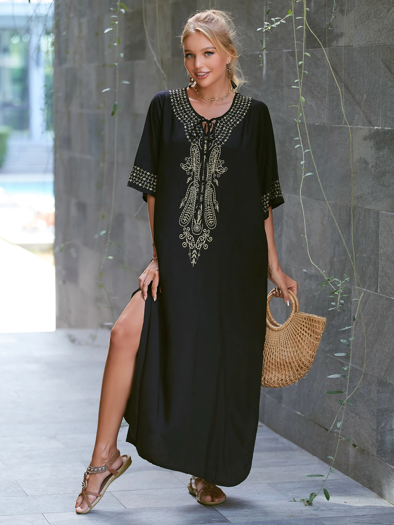 2025 Indie Folk Lace Up V-Neck Batwing Sleeve Summer Beach Dress  Tunic Women Beachwear kaftan Maxi Dress Robe Sarong Q775