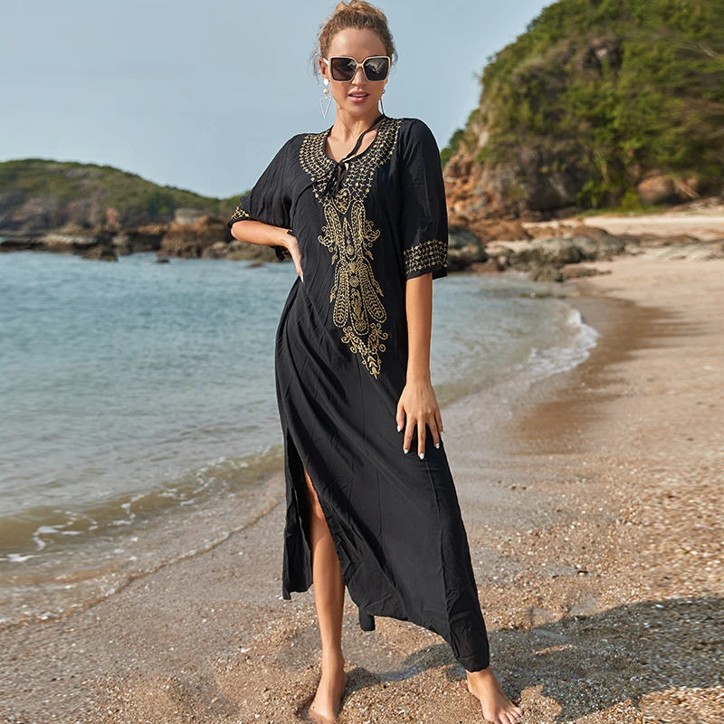 2025 Indie Folk Lace Up V-Neck Batwing Sleeve Summer Beach Dress  Tunic Women Beachwear kaftan Maxi Dress Robe Sarong Q775