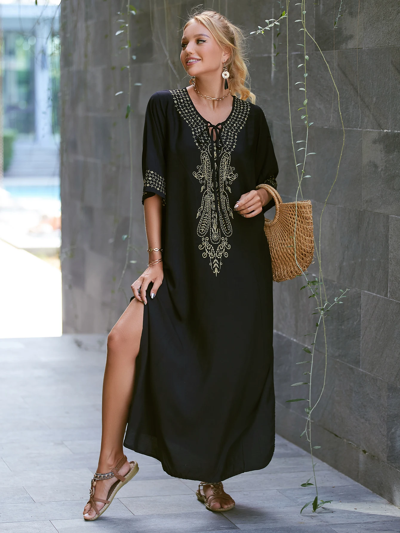 2025 Indie Folk Lace Up V-Neck Batwing Sleeve Summer Beach Dress  Tunic Women Beachwear kaftan Maxi Dress Robe Sarong Q775