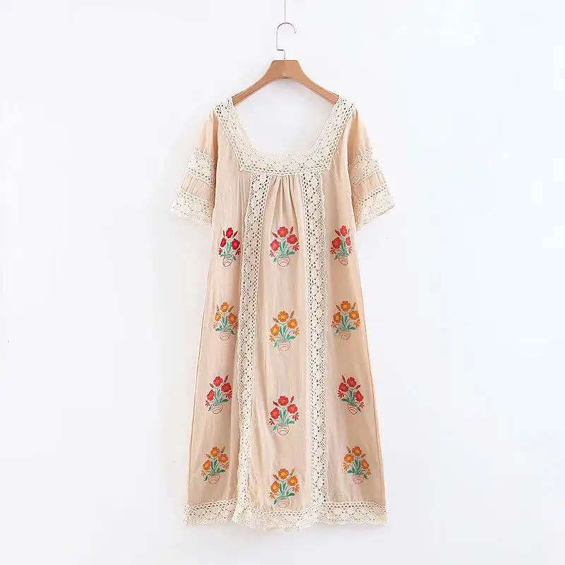 Vintage Cotton Linen Backless Long Floral Embroidery  Women Maxi Dress Hollow Out Patchwork Boho Gypsy Beach Dresses Summer