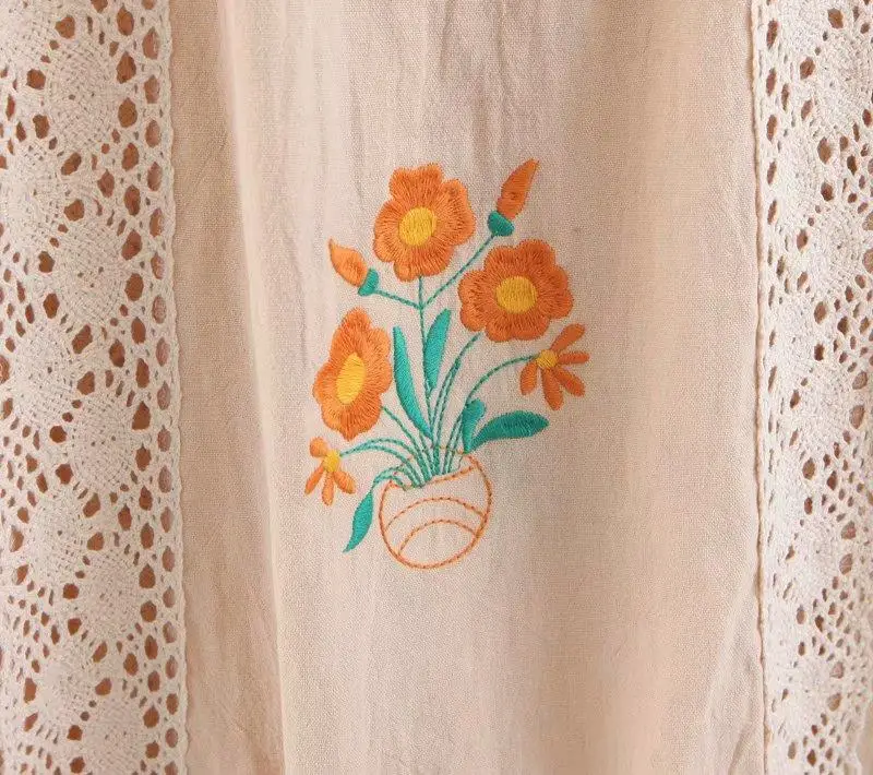 Vintage Cotton Linen Backless Long Floral Embroidery  Women Maxi Dress Hollow Out Patchwork Boho Gypsy Beach Dresses Summer