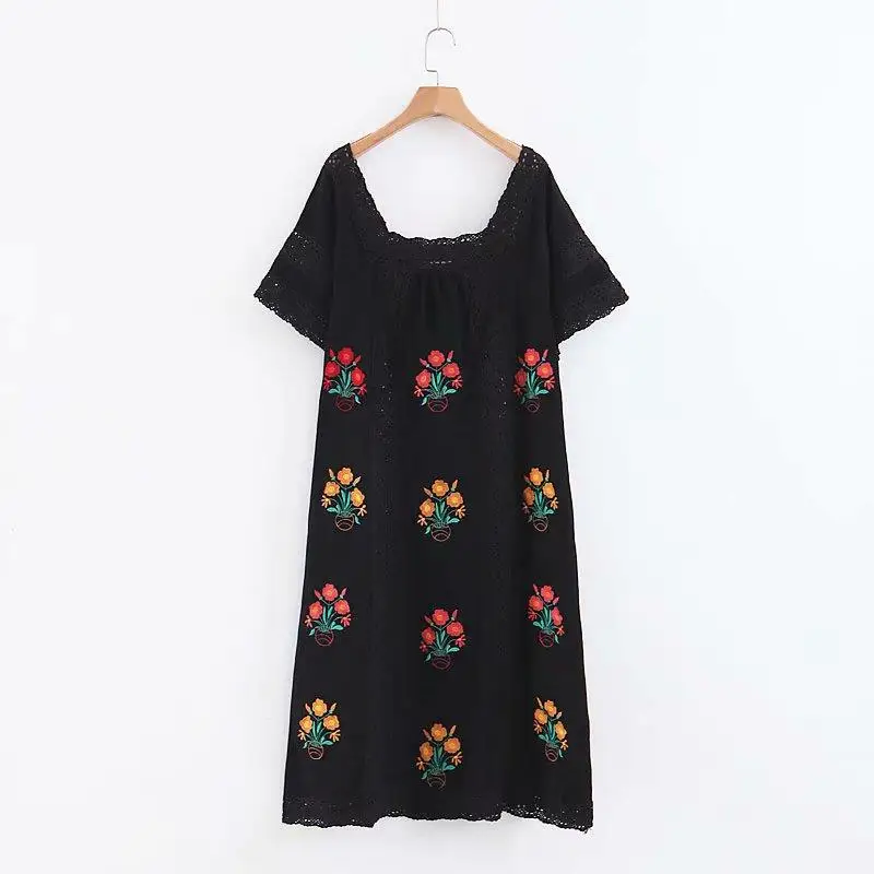 Vintage Cotton Linen Backless Long Floral Embroidery  Women Maxi Dress Hollow Out Patchwork Boho Gypsy Beach Dresses Summer