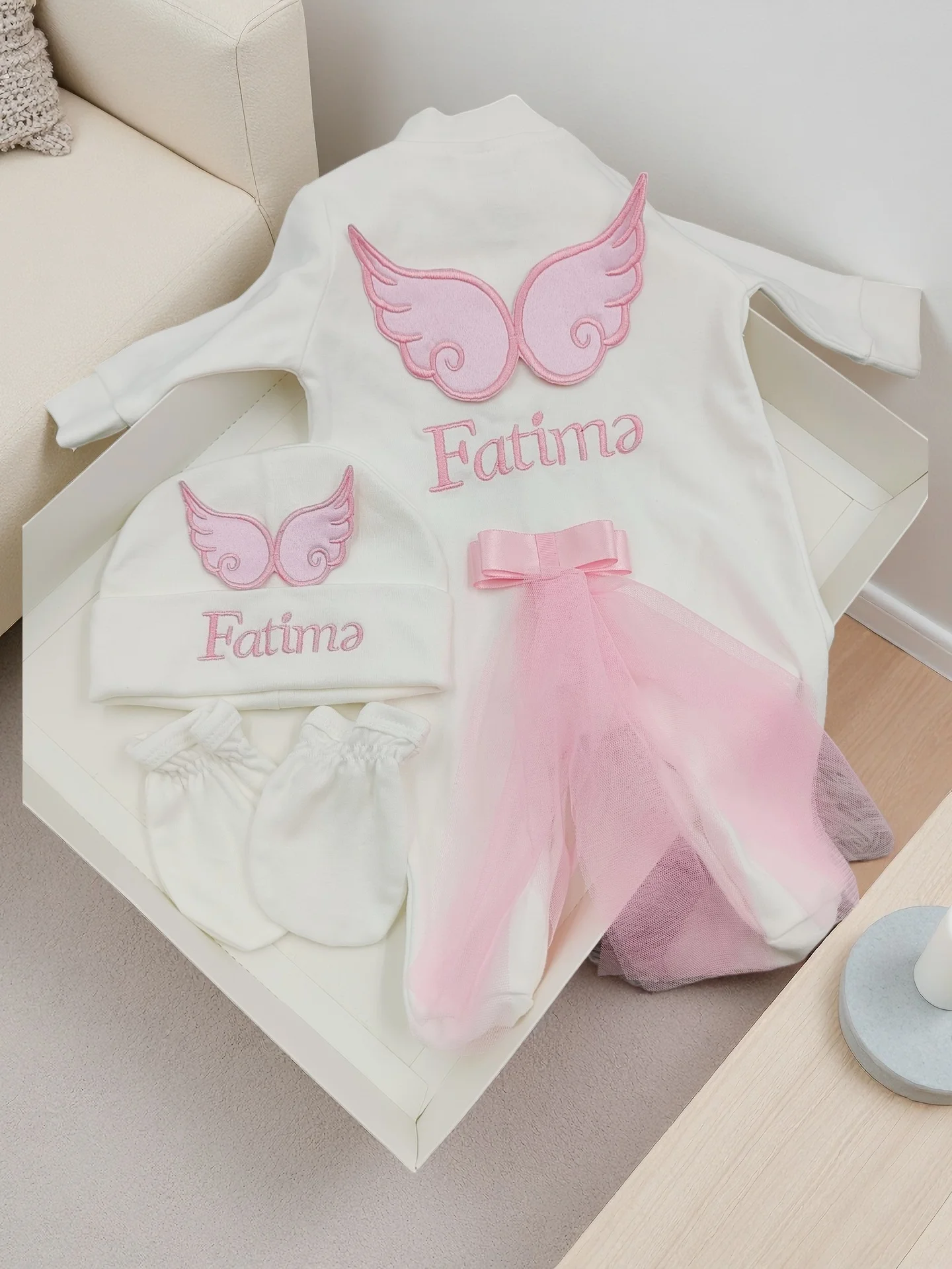 Dollbling Pearly Crown Boho Birthday Girl Outfit with Pink Angel Wings French Lace Bodysuit Cake Smash Shirt Set for Nursery