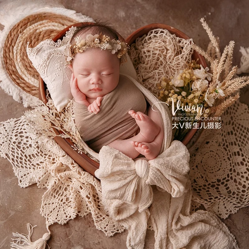 Newborn Photography Props Vintage Boho Style Set Backdrop Rattan Mat Hollow Tassel Blanket Floral Headband for Studio Photoshoot