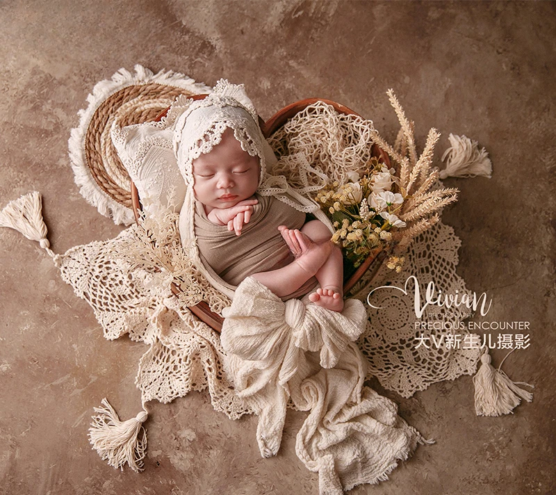 Newborn Photography Props Vintage Boho Style Set Backdrop Rattan Mat Hollow Tassel Blanket Floral Headband for Studio Photoshoot