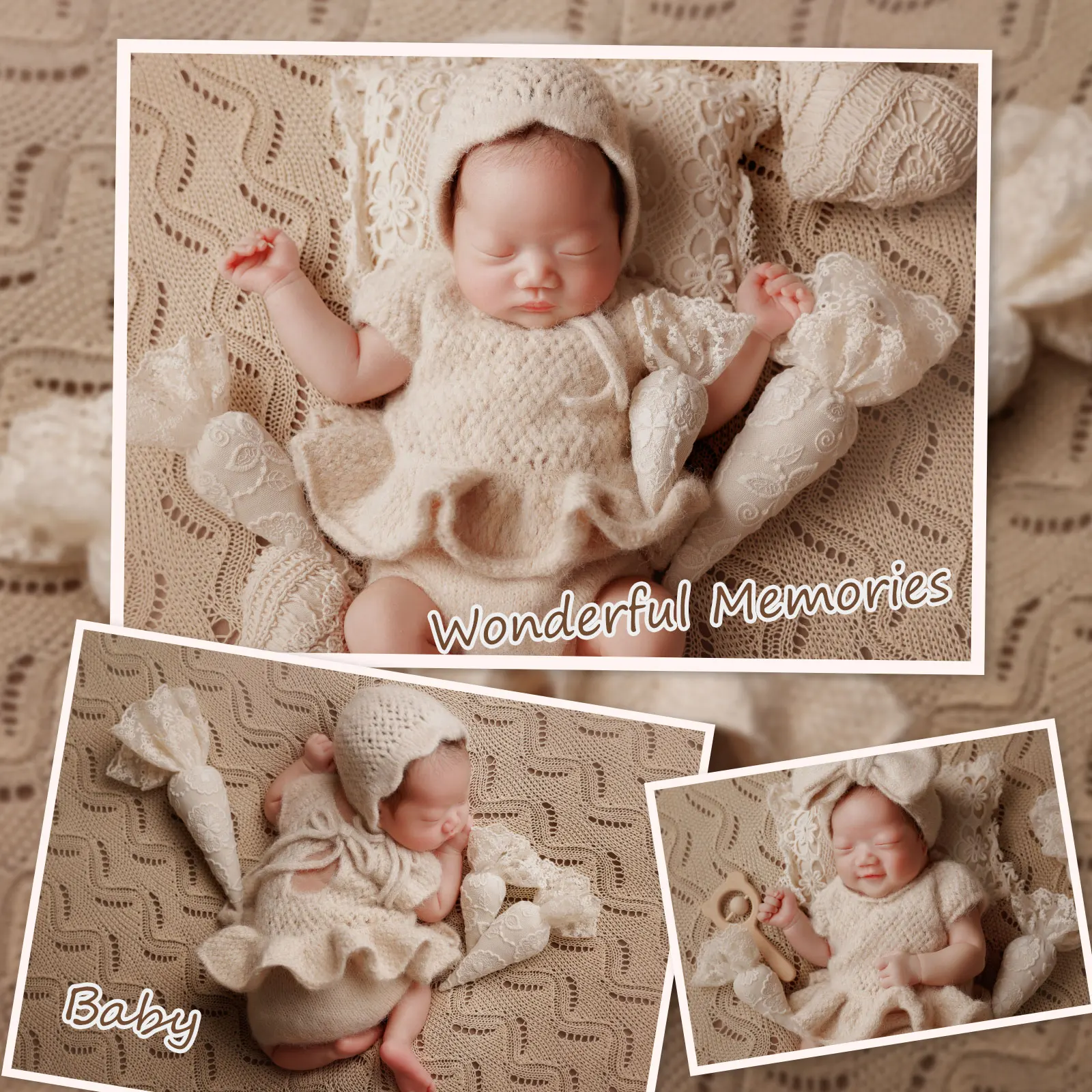 0-1 Month Newborn Photography Props Boho Theme Knitted Costume with Matching Hat Baby Girl Bow Headband and Heart Toy for Shoot