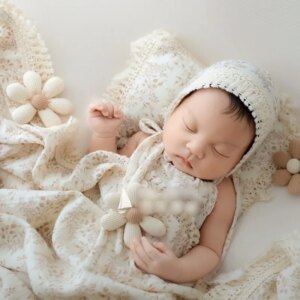 Newborn Baby Girls Photography Props Boho Florals Tassel Hat Pillow Blanket Set Blanket Decorations Studio Shooting Photo Prop
