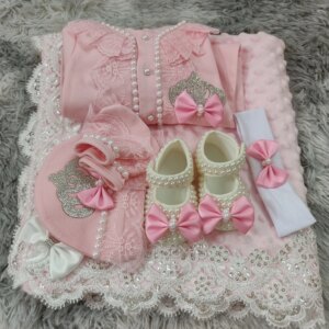 Newborn Baby Girl Coming Home Hospital Outfit Sequines Lace Tulle Romper Onesie with Blanket Princess Boho Clothes Photo Shoot