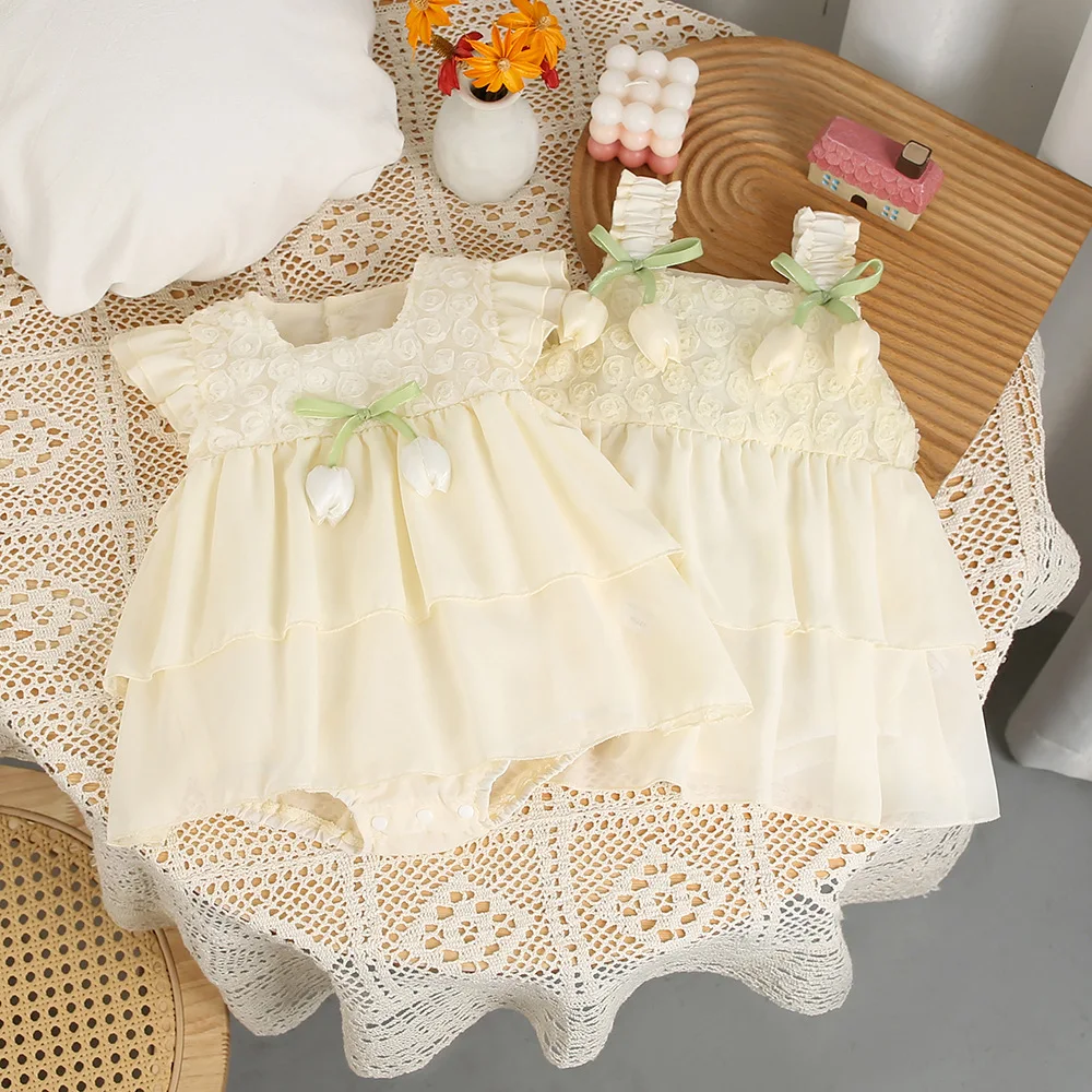 2026 Summer New 0-2Y Baby Girl Sleeveless Romper Dress Princess 3D Bow Tutu Layered Dress Cute 100 Days Party Dress