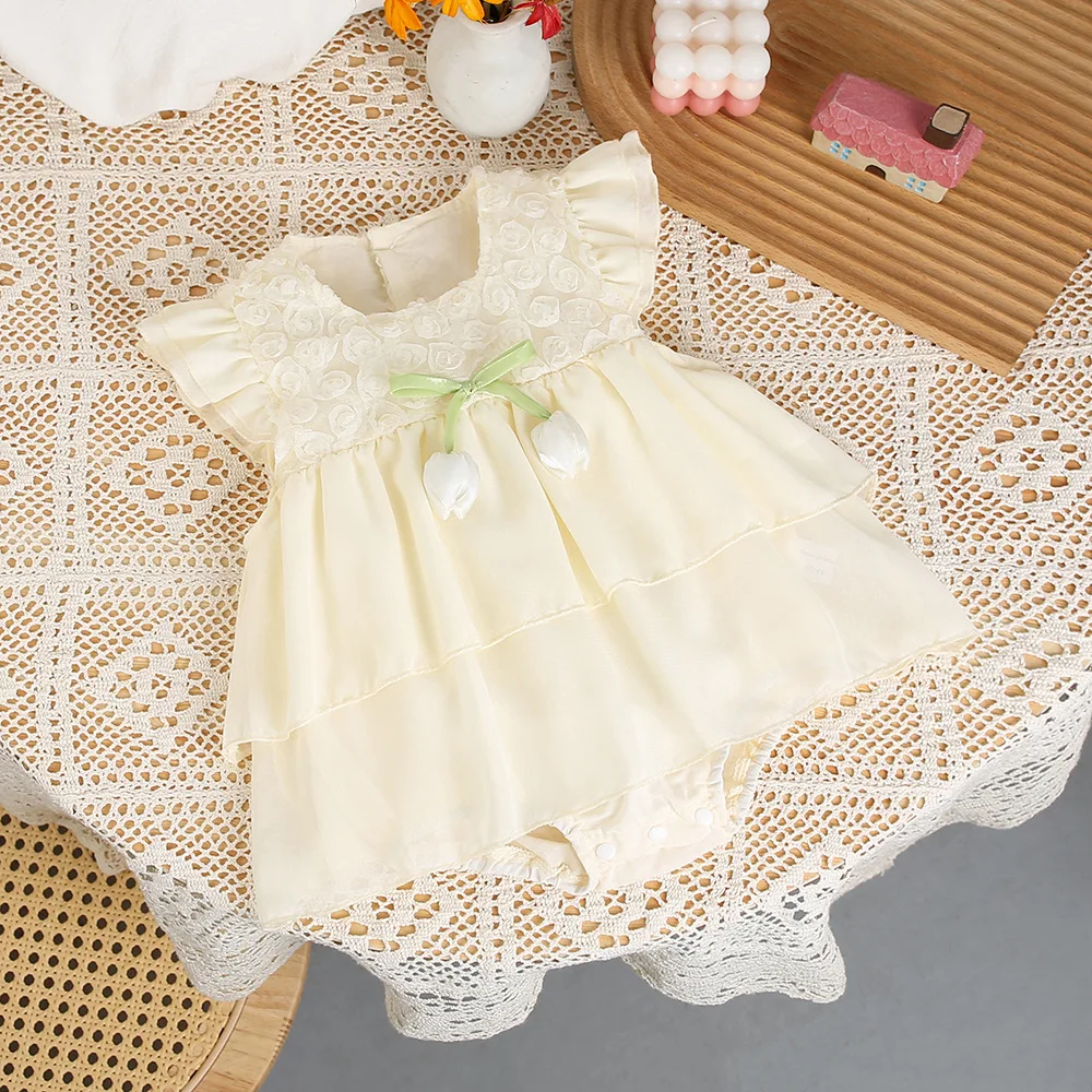 2026 Summer New 0-2Y Baby Girl Sleeveless Romper Dress Princess 3D Bow Tutu Layered Dress Cute 100 Days Party Dress