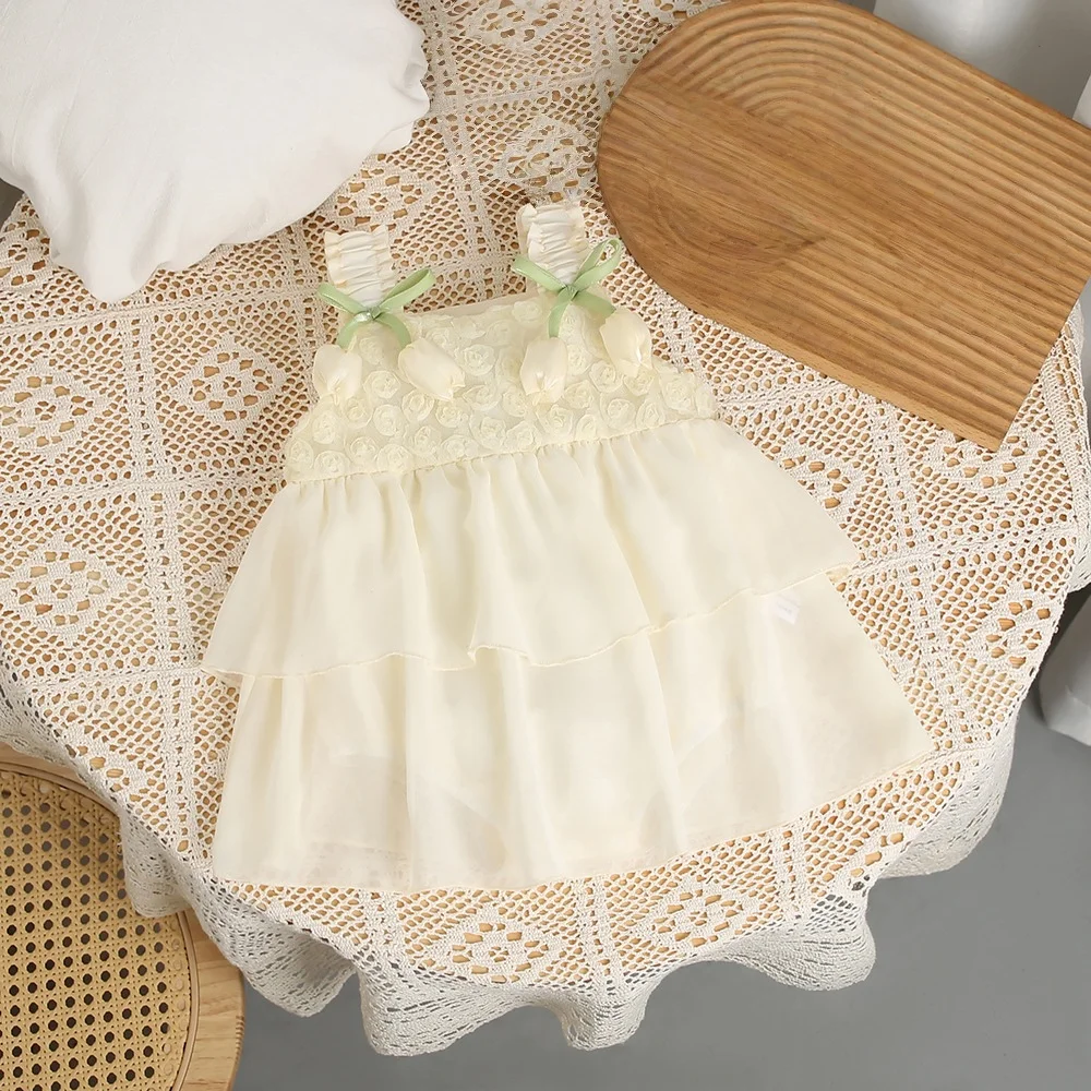 2026 Summer New 0-2Y Baby Girl Sleeveless Romper Dress Princess 3D Bow Tutu Layered Dress Cute 100 Days Party Dress