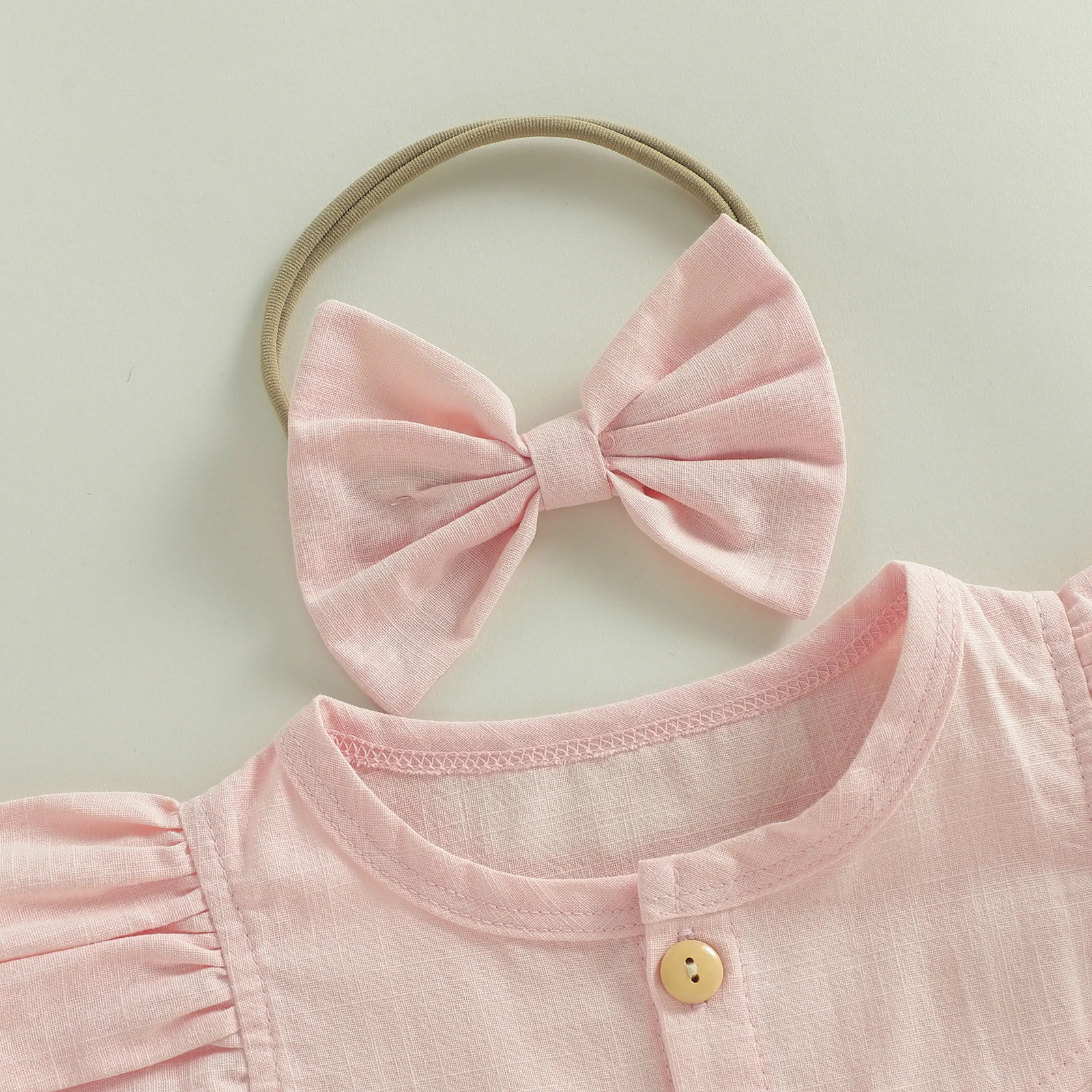 Summer Newborn Baby Girls Casual Rompers Clothing Solid Color Fly Short Sleeve Button Loose Jumpsuits Headband Outfits 6 40307