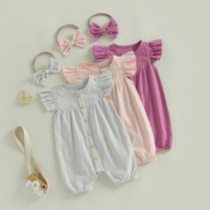 Summer Newborn Baby Girls Casual Rompers Clothing Solid Color Fly Short Sleeve Button Loose Jumpsuits Headband Outfits 8 40307 hwzadu