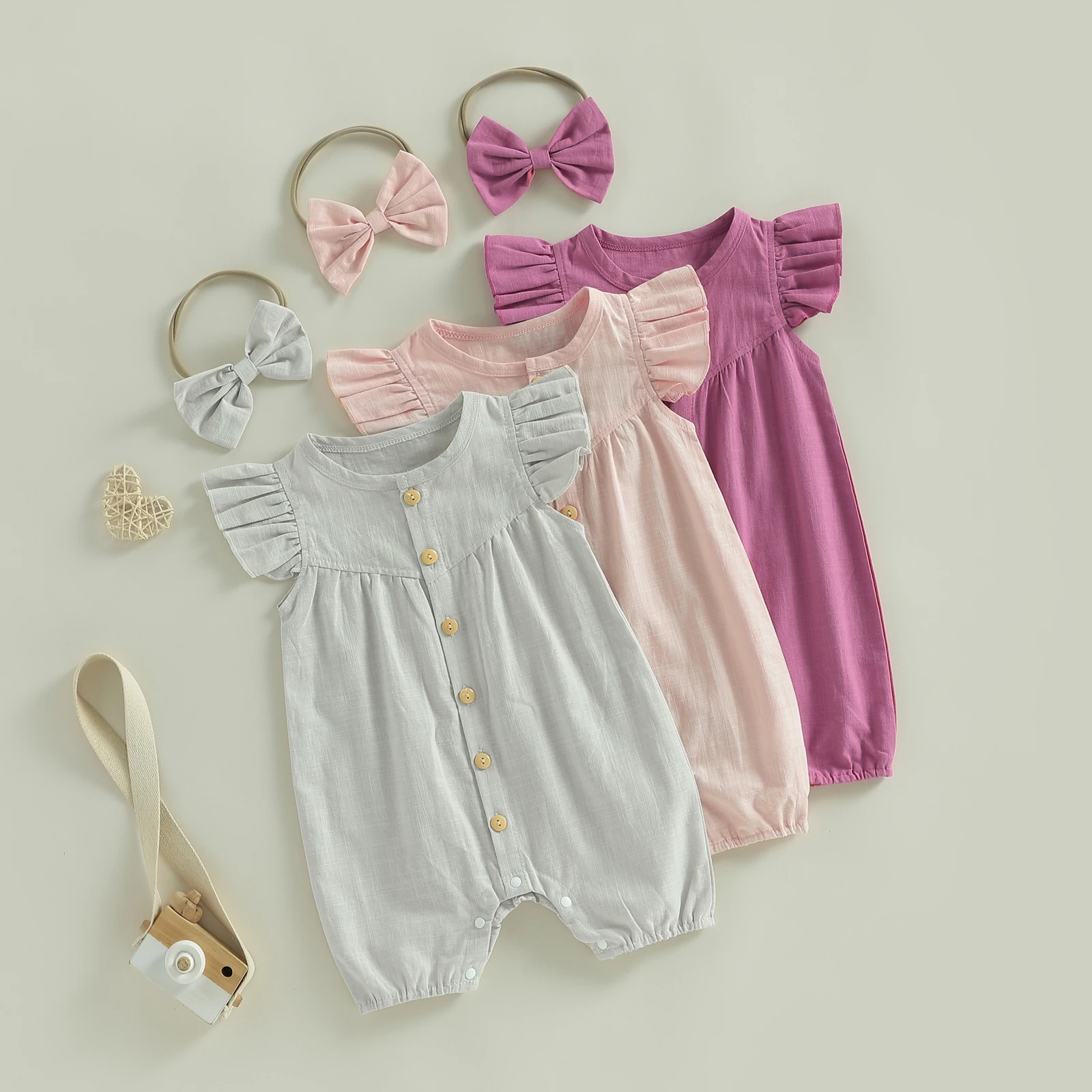 Summer Newborn Baby Girls Casual Rompers Clothing Solid Color Fly Short Sleeve Button Loose Jumpsuits Headband Outfits 3 40307 hwzadu