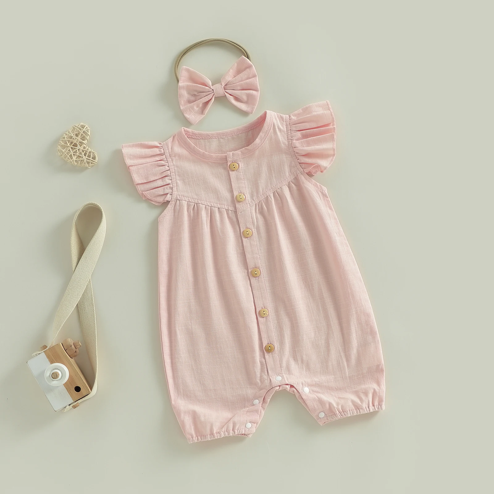 Summer Newborn Baby Girls Casual Rompers Clothing Solid Color Fly Short Sleeve Button Loose Jumpsuits Headband Outfits 4 40307 ia2bjt
