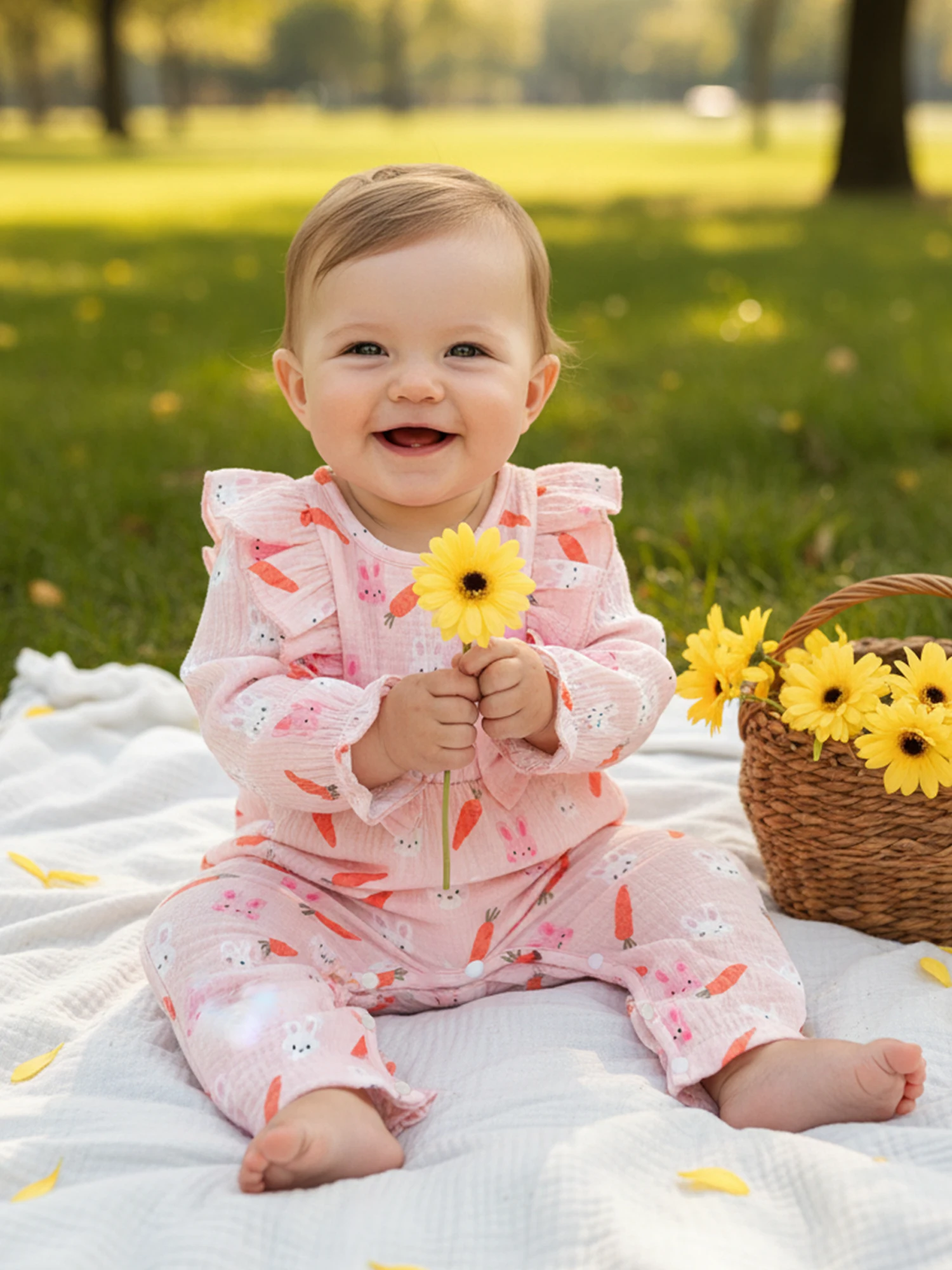 0-18M Infant Baby Girl Easter Jumpsuit Casual Long Sleeve O Neck Ruffle Trim Easter Egg Bunny Print Romper Newborn Clothes