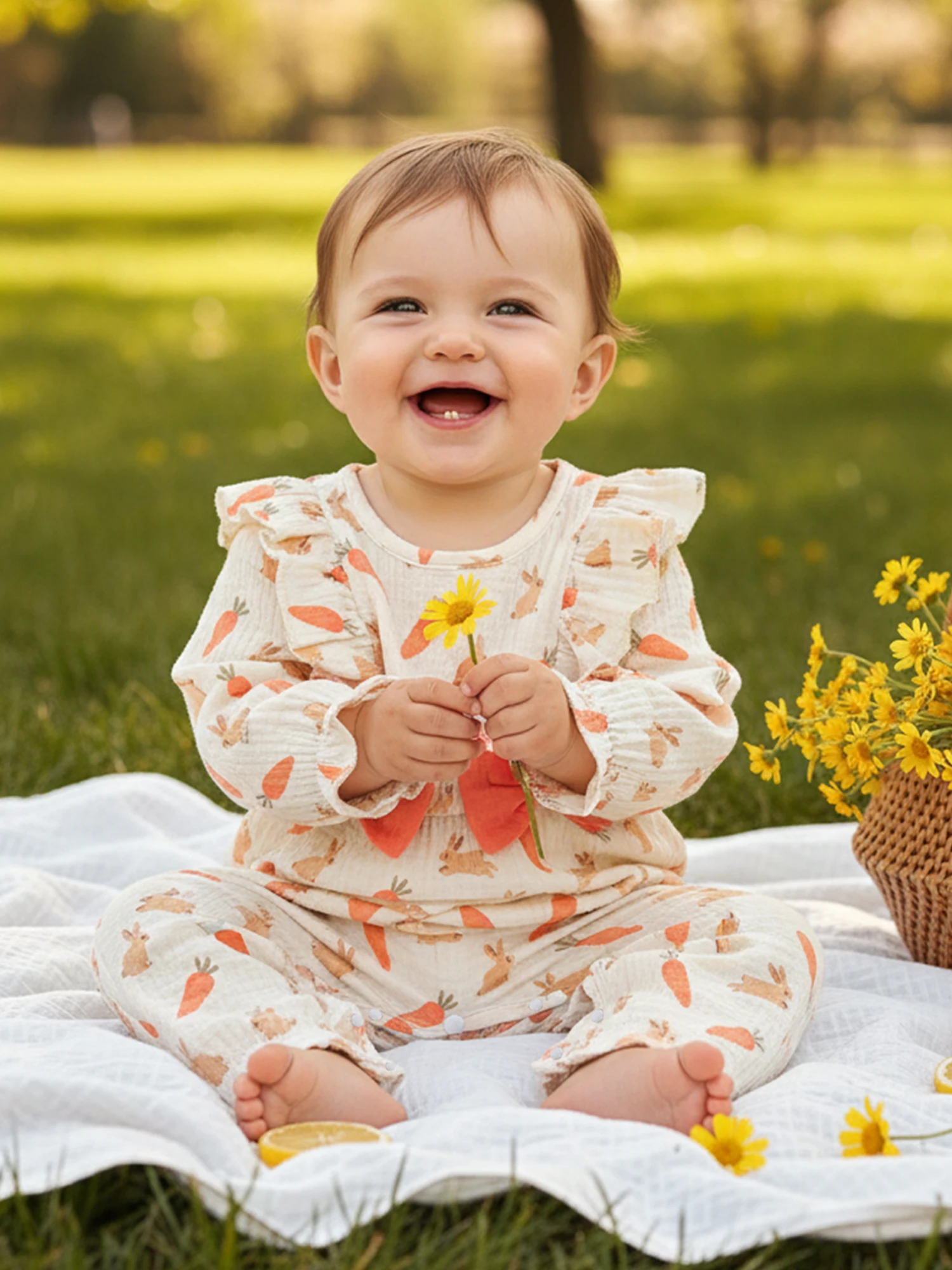 0-18M Infant Baby Girl Easter Jumpsuit Casual Long Sleeve O Neck Ruffle Trim Easter Egg Bunny Print Romper Newborn Clothes