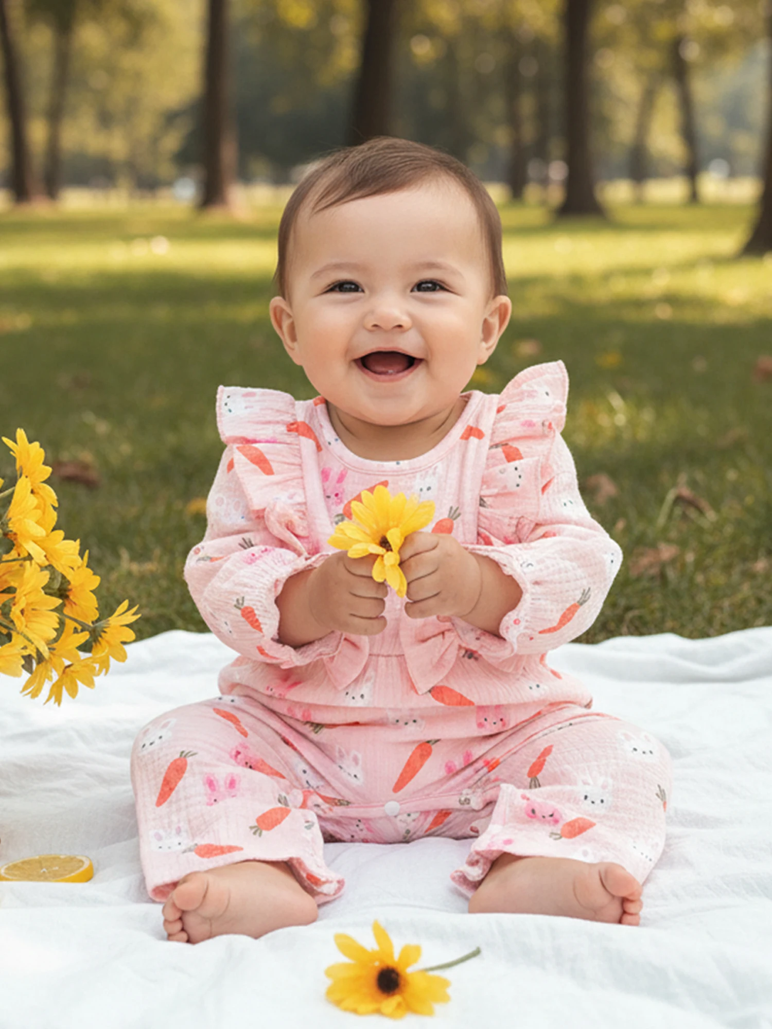 0-18M Infant Baby Girl Easter Jumpsuit Casual Long Sleeve O Neck Ruffle Trim Easter Egg Bunny Print Romper Newborn Clothes