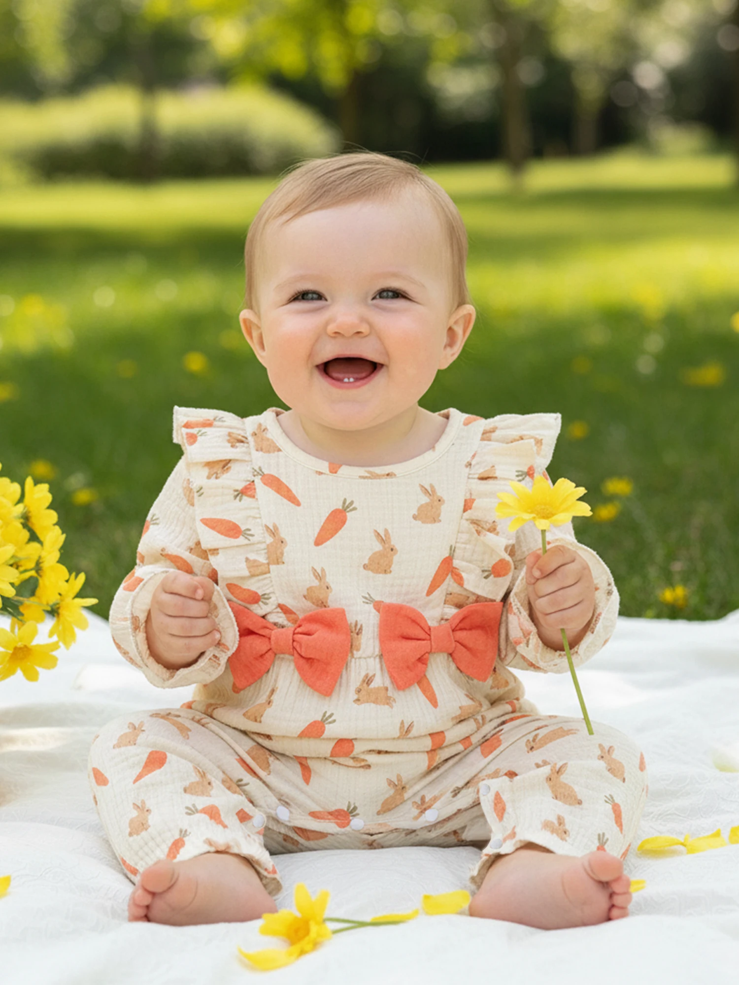 0-18M Infant Baby Girl Easter Jumpsuit Casual Long Sleeve O Neck Ruffle Trim Easter Egg Bunny Print Romper Newborn Clothes