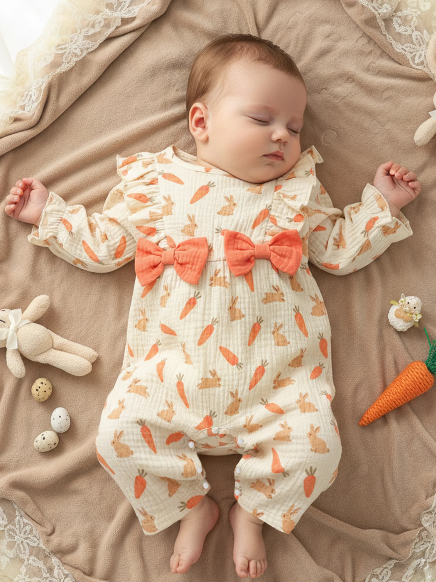 0-18M Infant Baby Girl Easter Jumpsuit Casual Long Sleeve O Neck Ruffle Trim Easter Egg Bunny Print Romper Newborn Clothes