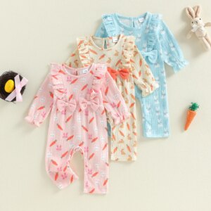 0-18M Infant Baby Girl Easter Jumpsuit Casual Long Sleeve O Neck Ruffle Trim Easter Egg Bunny Print Romper Newborn Clothes