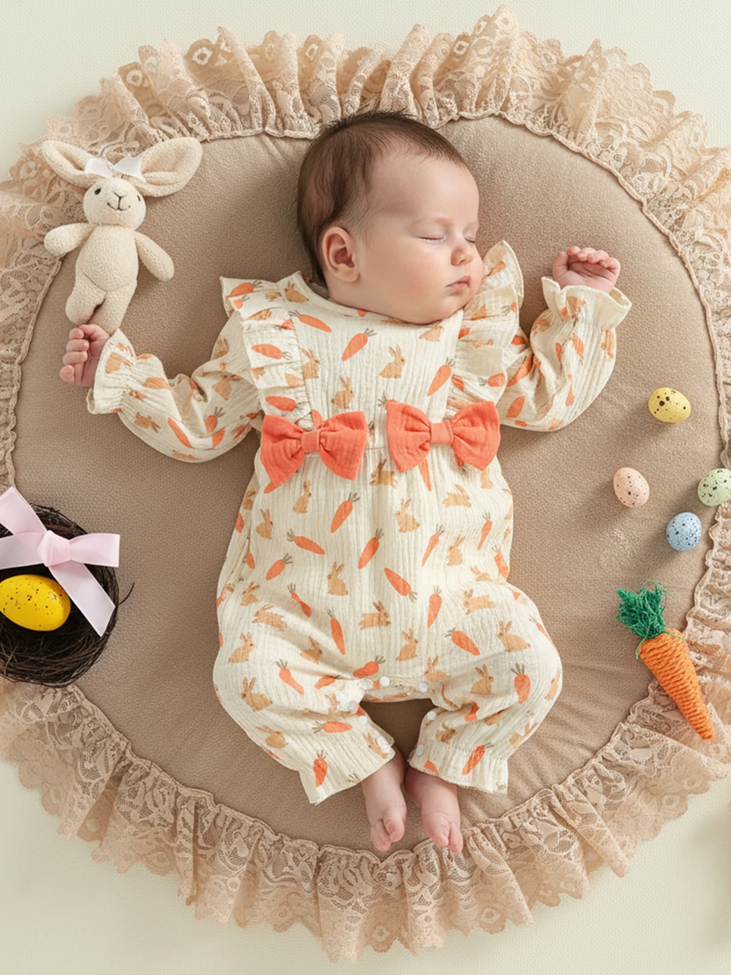 0-18M Infant Baby Girl Easter Jumpsuit Casual Long Sleeve O Neck Ruffle Trim Easter Egg Bunny Print Romper Newborn Clothes