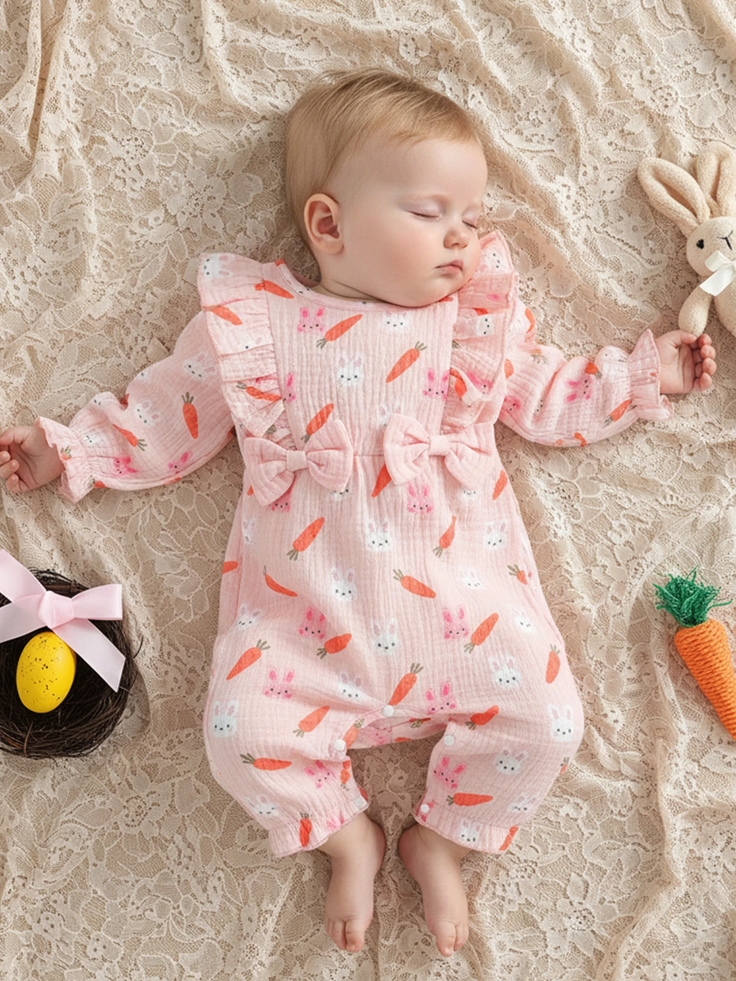 0-18M Infant Baby Girl Easter Jumpsuit Casual Long Sleeve O Neck Ruffle Trim Easter Egg Bunny Print Romper Newborn Clothes