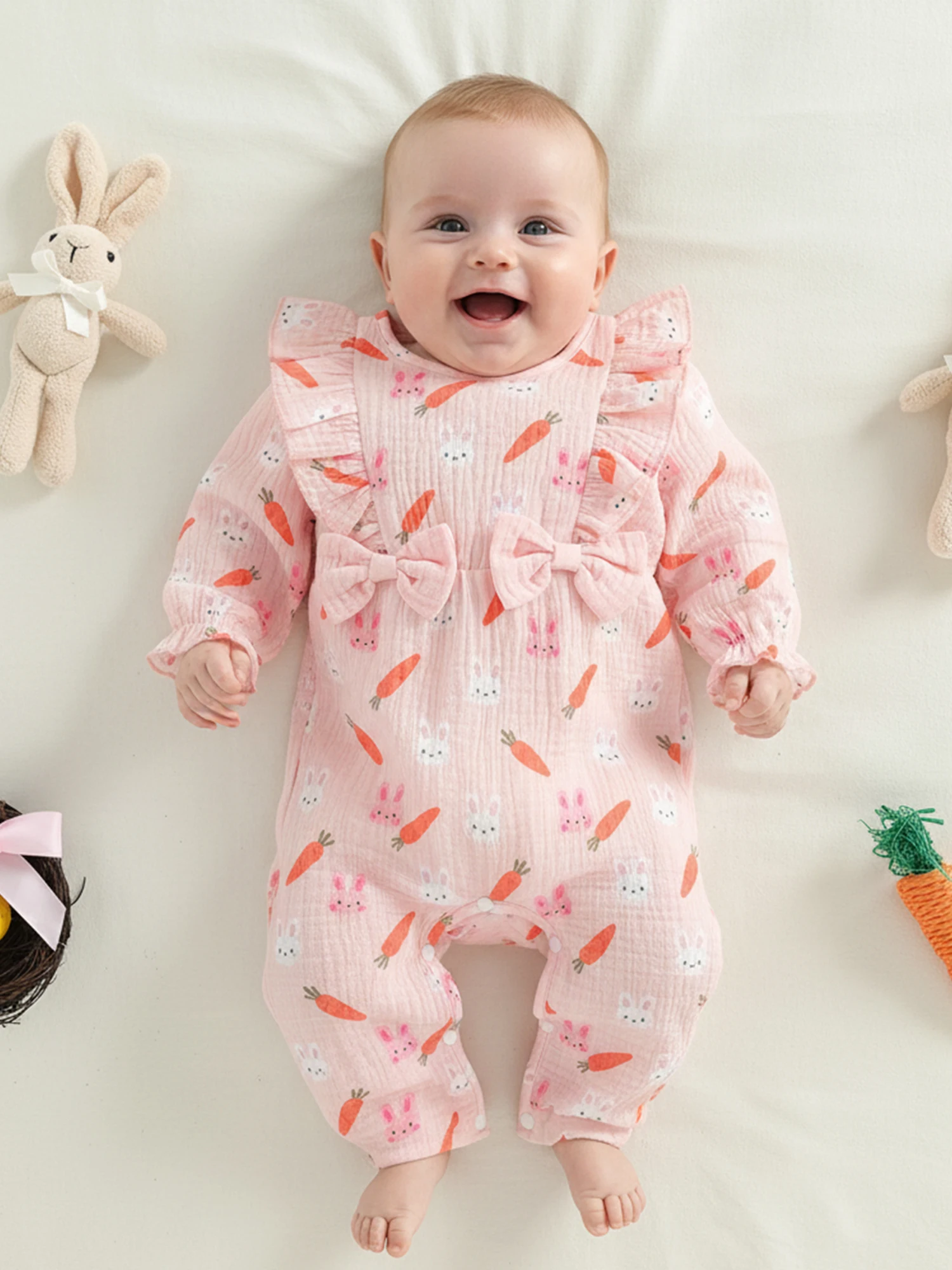 0-18M Infant Baby Girl Easter Jumpsuit Casual Long Sleeve O Neck Ruffle Trim Easter Egg Bunny Print Romper Newborn Clothes