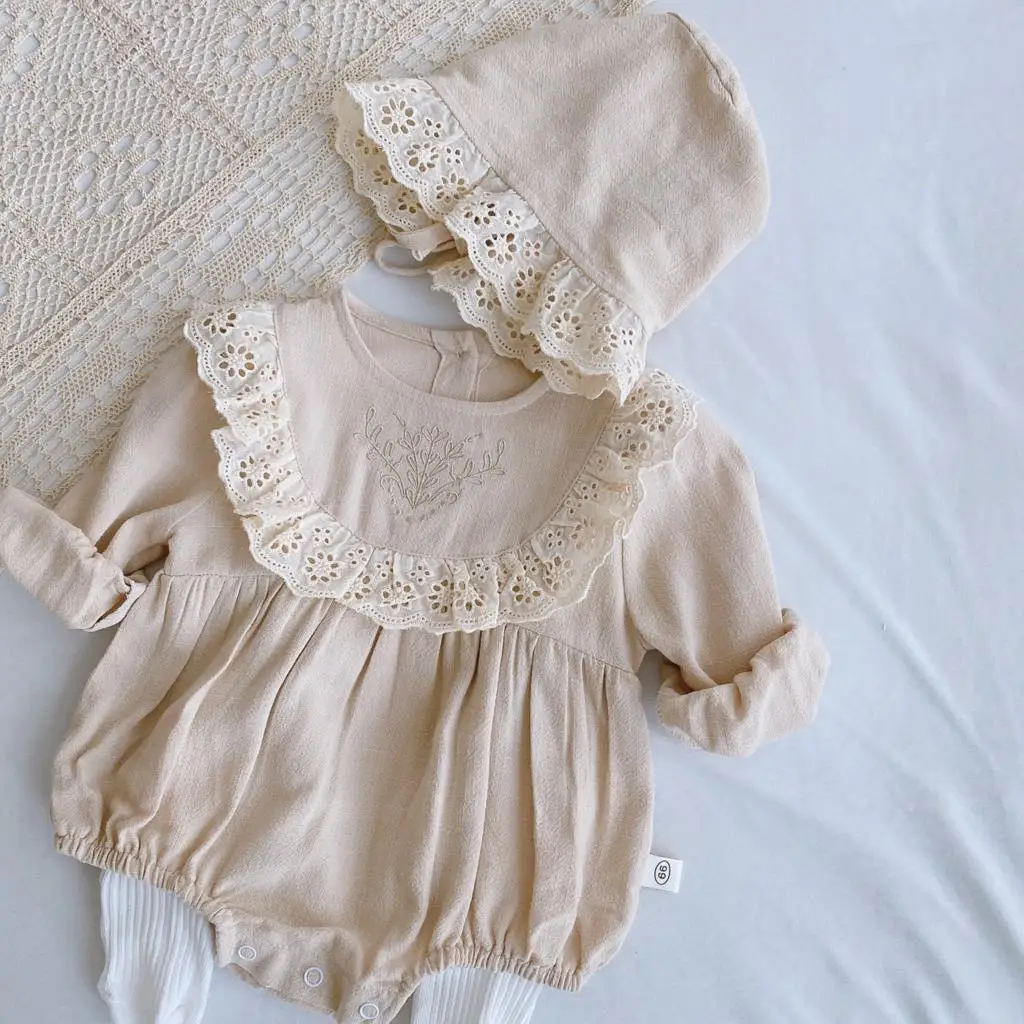 Spring Baby Girl Romper+Hat Bodysuit Outfits Long Sleeve 2Pcs Outfits Cotton Linen Lace Ruffles Girls Kids Clothing 0-24M