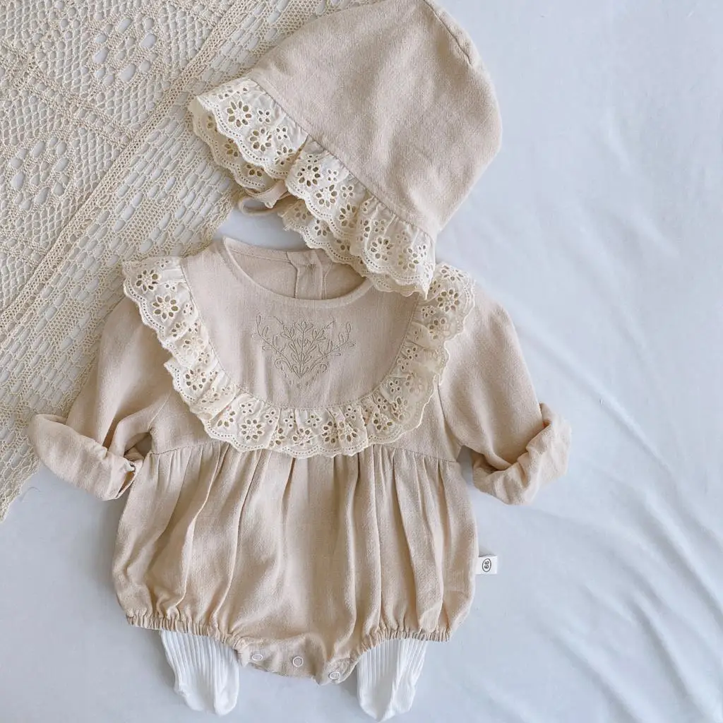 Spring Baby Girl Romper+Hat Bodysuit Outfits Long Sleeve 2Pcs Outfits Cotton Linen Lace Ruffles Girls Kids Clothing 0-24M