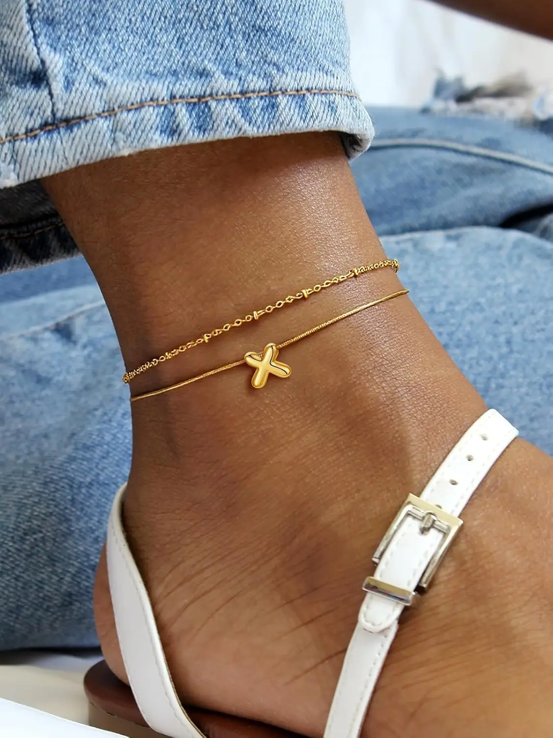 U7 Chunky Inital Letters Layers Chain Anklet Bracelets for Women 14K Gold Color Adjustable Summer Beach Ankle Jewelry Gift