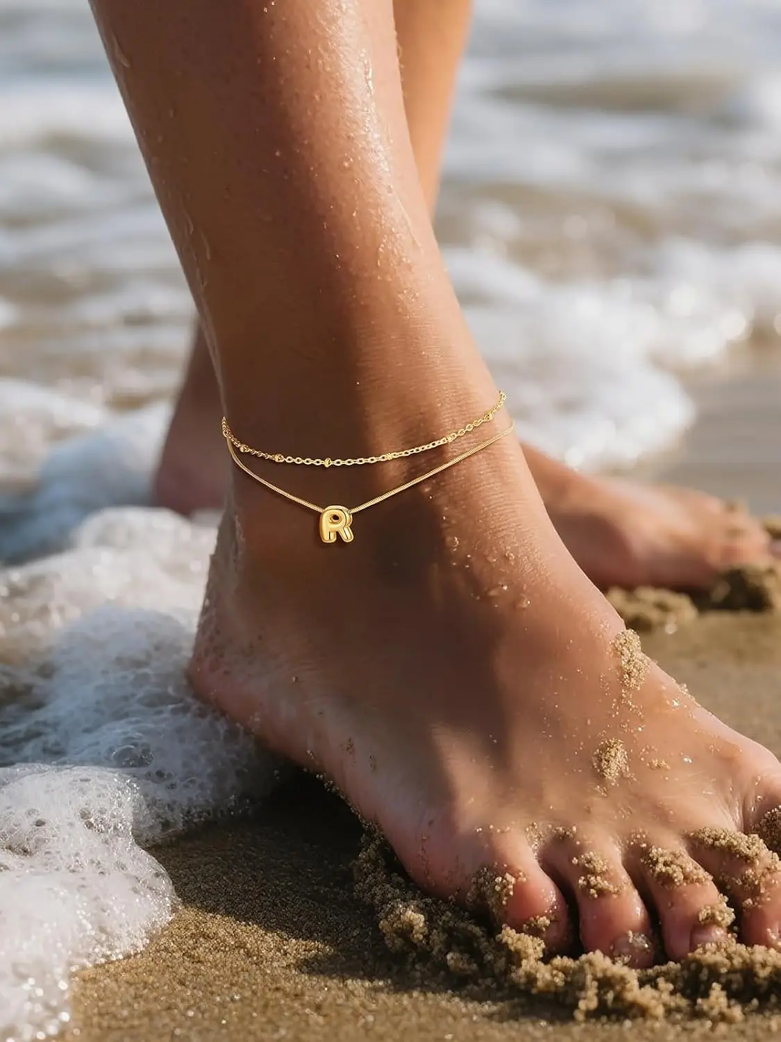 U7 Chunky Inital Letters Layers Chain Anklet Bracelets for Women 14K Gold Color Adjustable Summer Beach Ankle Jewelry Gift