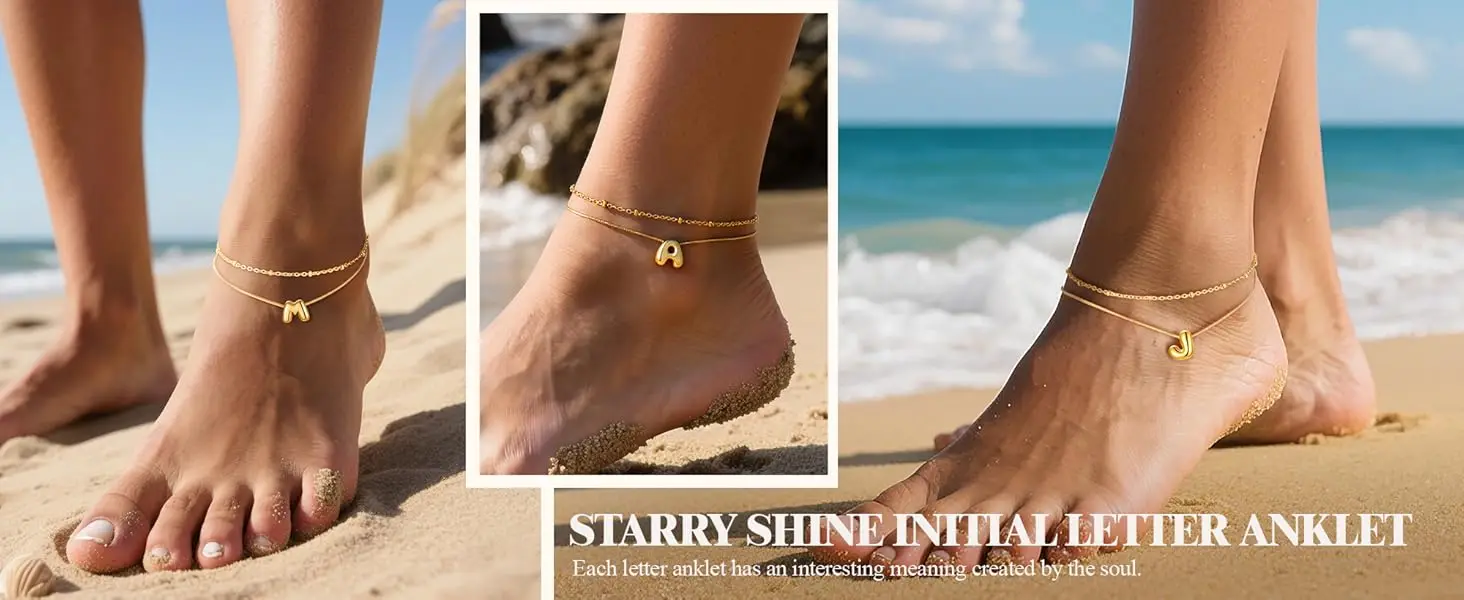 U7 Chunky Inital Letters Layers Chain Anklet Bracelets for Women 14K Gold Color Adjustable Summer Beach Ankle Jewelry Gift
