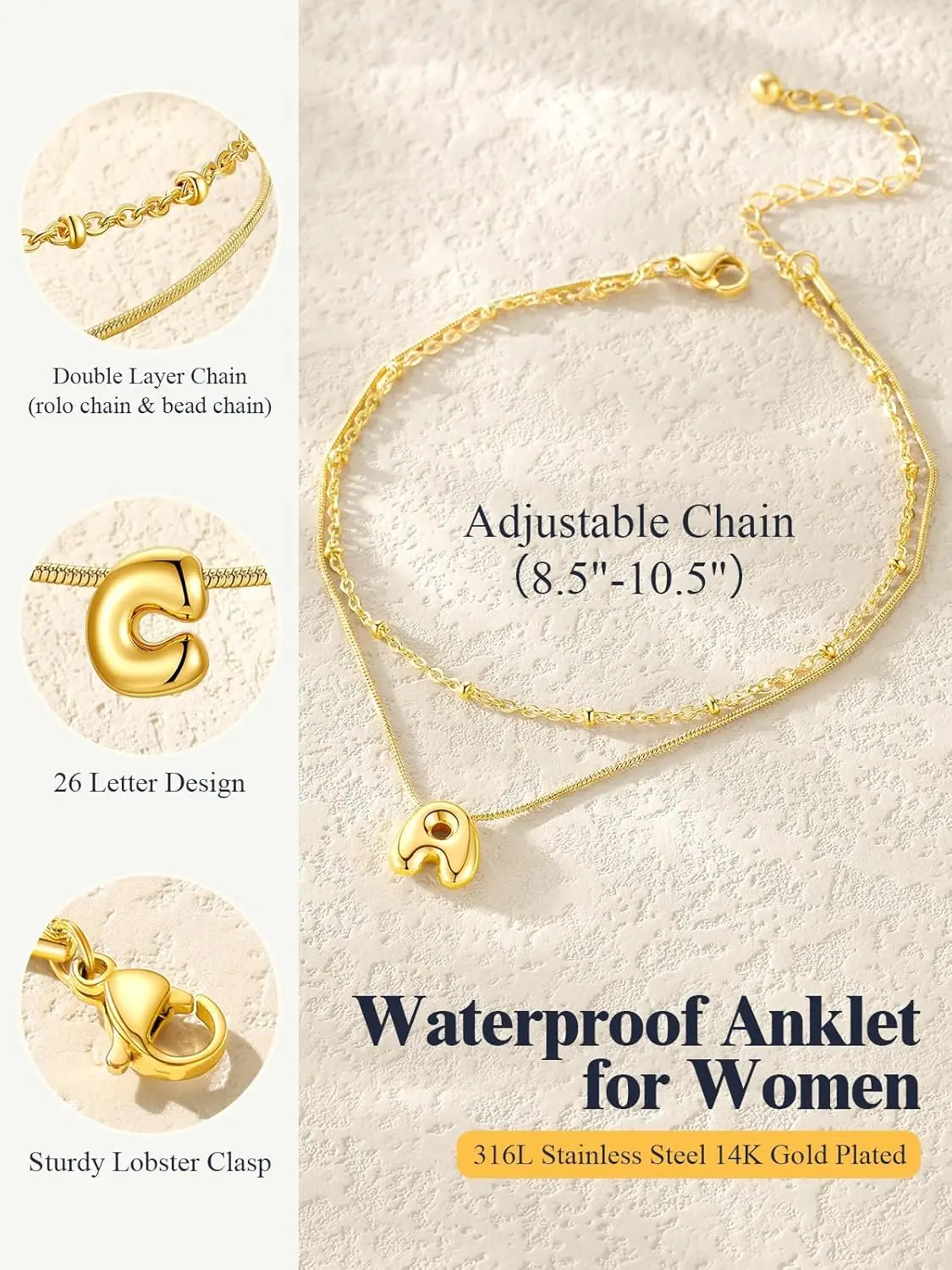 U7 Chunky Inital Letters Layers Chain Anklet Bracelets for Women 14K Gold Color Adjustable Summer Beach Ankle Jewelry Gift